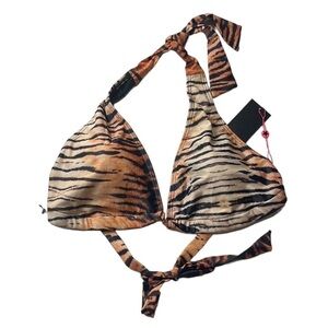 South Beach Bikini Top Women's 16 Brown Black Animal Print Halter Tie Padded New